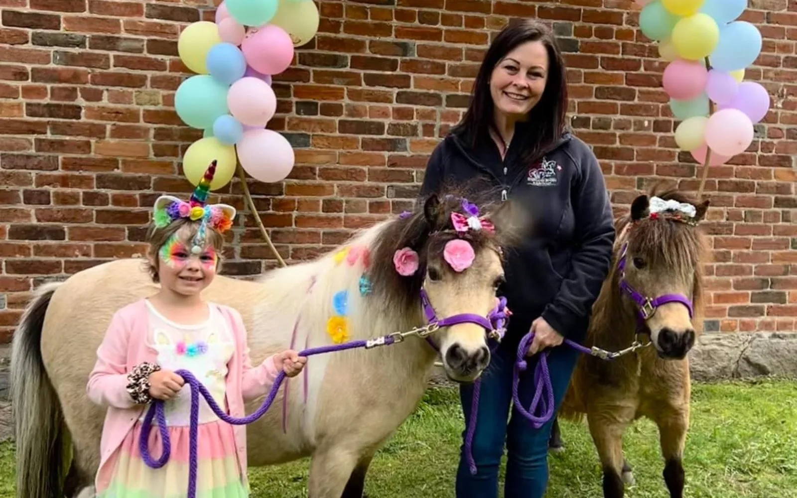 Stephanie with two miniature horses dressed up at a kids birthday party